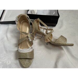 MySoft Women's Stiletto Heels Pumps Gold Shimmer Open Strappy High Heels 11 NEW